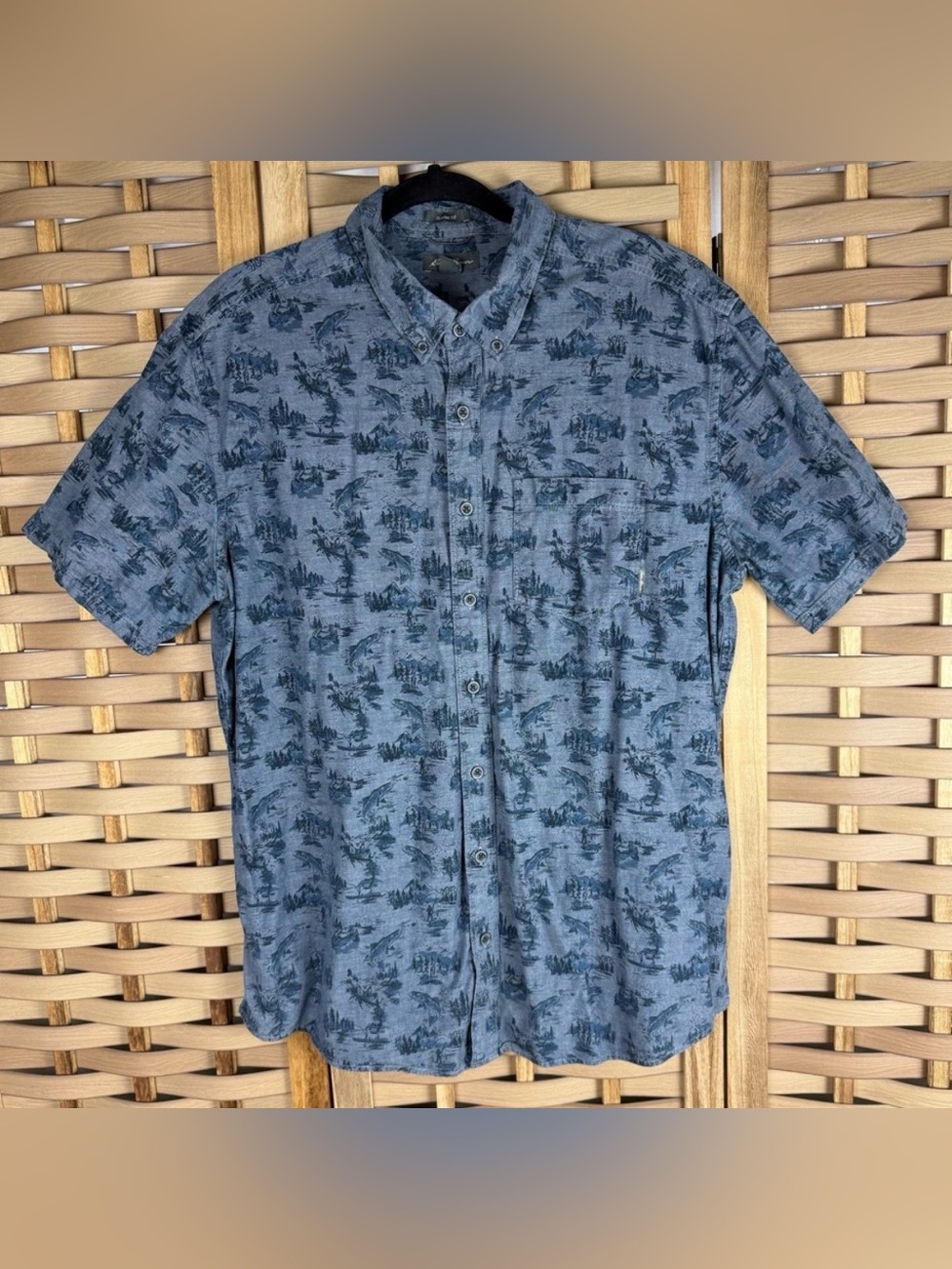 Eddie Bauer Fishing Chambray Blue and Black Button Up Short Sleeve Casual Shirt